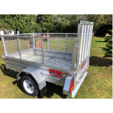 Road Trailer – 7ft X 4ft X 12″ High Sides + Mesh Cage 600mm + Rear Ramp 1200mm Free Hitch Lock